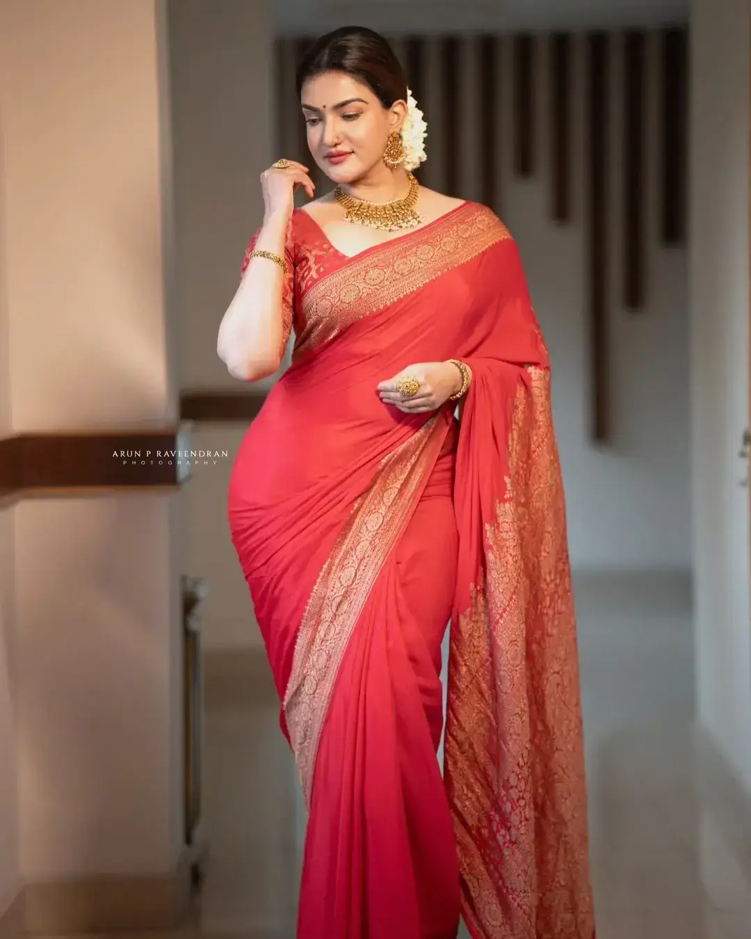 Indian Actress Honey Rose Images in Red Colour Pattu Saree